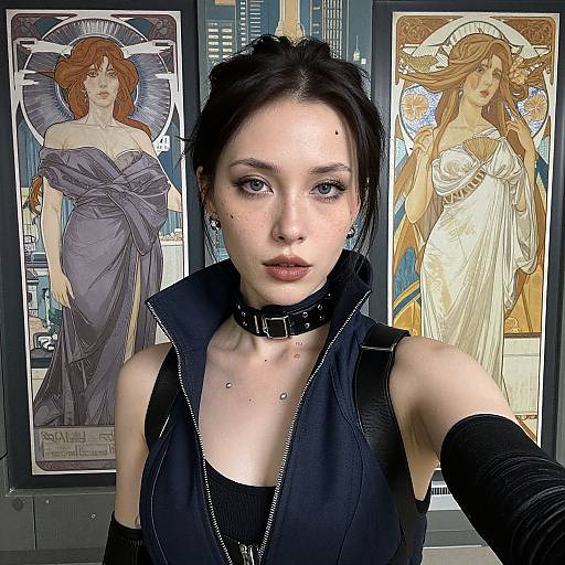 Photograph of pale-skinned woman with black hair, black choker, sleeveless black top, cityscape background, and two Art Nouveau-style
