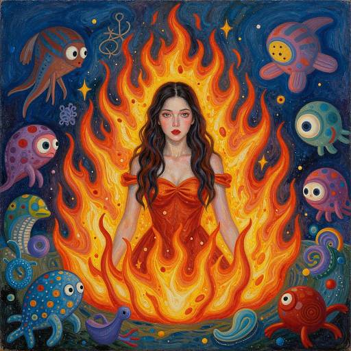 Digital painting of a woman with long black hair, wearing an orange dress, surrounded by vivid, colorful fish, engulfed in bright flames. Dark blue