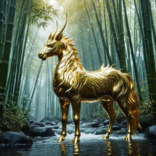 Golden Kirin Statue in Bamboo Forest Golden Kirin Statue in Bamboo Forest