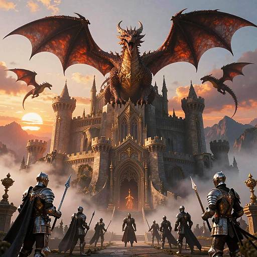 Digital fantasy artwork of a grand, gothic castle at sunset, guarded by armored knights and a massive, fiery red dragon with outstretched wings.