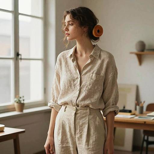 Photograph of a young woman with wavy brown hair, wearing a beige, button-up, belted linen shirt, standing in a sunlit room
