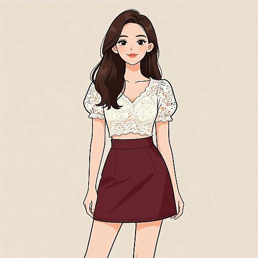 Digital illustration of a young woman with long brown hair, wearing a white lace top and a burgundy skirt, standing against a plain white background.