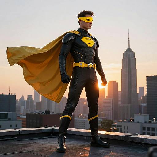 Photograph of a muscular man in a black and yellow superhero costume with a flowing cape, standing on a rooftop at sunset, with a city skyline and