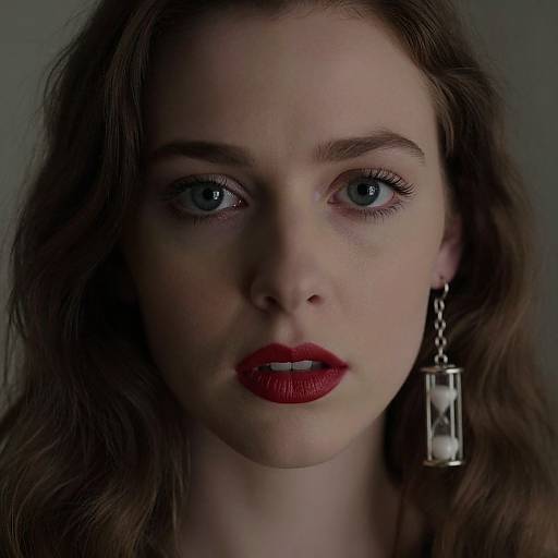Photograph of a serious-faced young woman with blue eyes, red lipstick, and silver geometric earrings, set against a dark background.