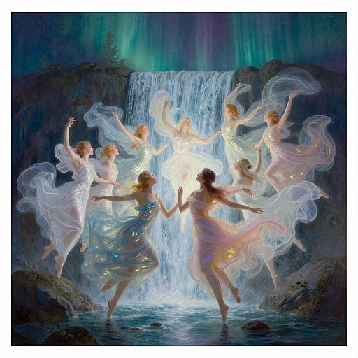 Digital painting of seven ethereal, translucent, fairy-like women dancing around a glowing waterfall, their flowing dresses illuminated by light.