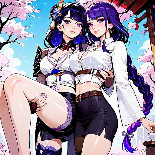 Digital anime-style drawing of two women with long purple hair, white blouses, black shorts, and thigh garters, standing under cherry blossoms.