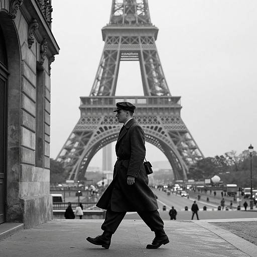 Black-and-white photograph of a walking French policeman in a long coat and cap, with the Eiffel Tower in the background. Urban Paris street scene