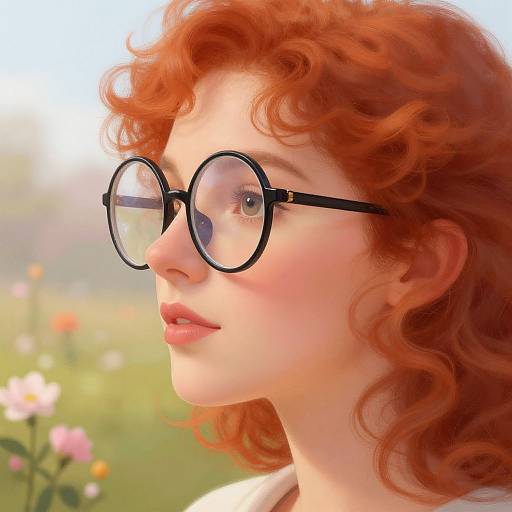 Digital portrait of a fair-skinned, red-haired woman with curly hair, wearing round black glasses, softly lit by sunlight, with a blurry floral background
