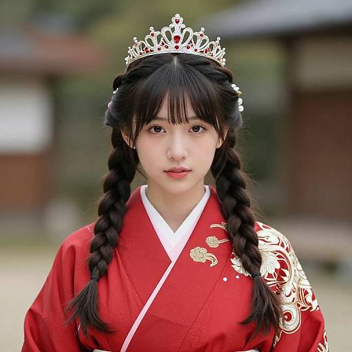 Asian Girl in Red Kimono with Crown