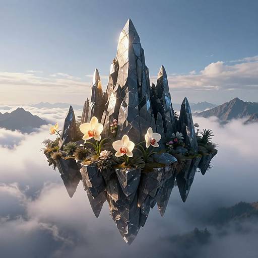 Fantastical CGI image of a floating, crystal mountain island with glowing white orchids, surrounded by clouds and blue sky.