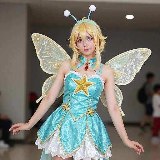 Photograph of a blonde cosplayer in a blue fairy costume with translucent wings, antennae, and a star necklace, smiling on a dimly lit