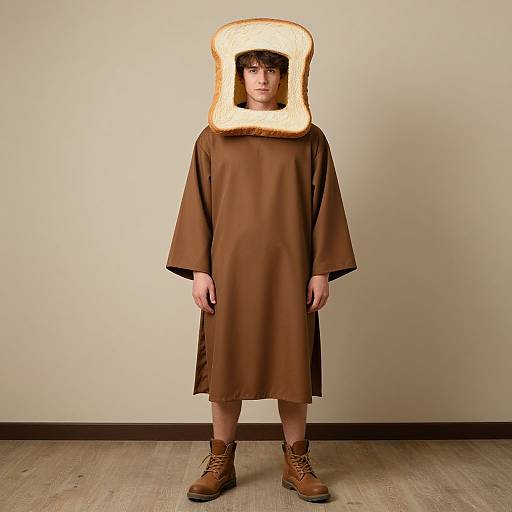 Photograph of a young man in a brown robe and oversized toasted bread helmet, standing on wooden floor against beige wall.