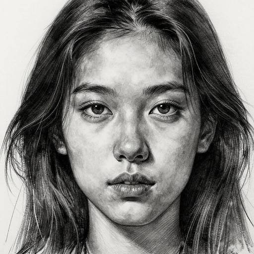 Monochromatic pencil drawing of a young woman with long, slightly messy hair, large eyes, and neutral expression, detailed shading, white background.