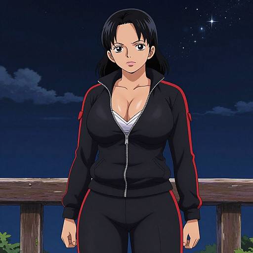 Anime-style drawing of a black-haired woman with large breasts, wearing a black zip-up jacket and pants, standing on a wooden balcony at night.
