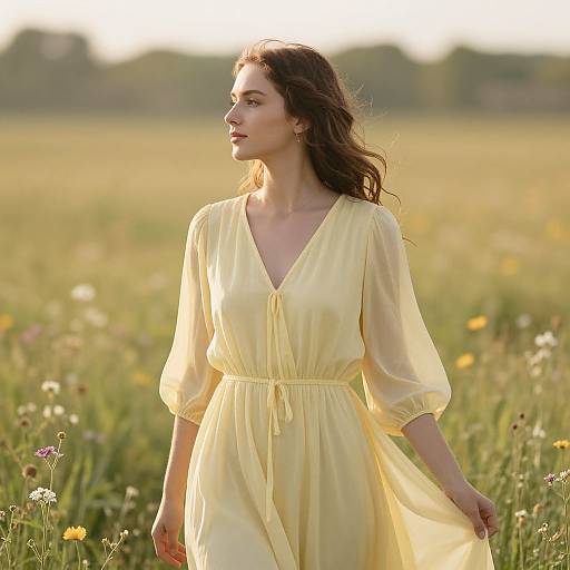 Photograph of a young woman with wavy brown hair, wearing a flowing, pale yellow dress, standing in a sunlit meadow with wildflowers