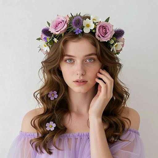 Young Woman with Floral Crown and Lavender Top