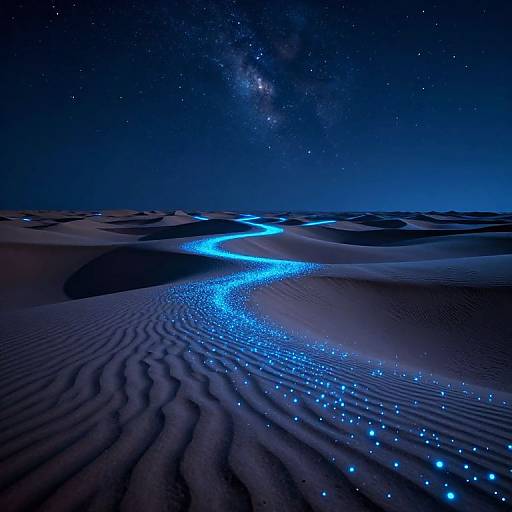 Photograph of a night desert with glowing blue bioluminescent trail winding through rippled sand dunes under a starry, Milky Way-filled sky
