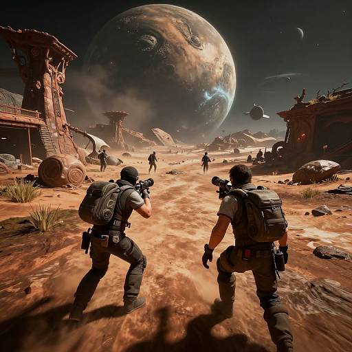 Photorealistic CGI: Two armed soldiers with backpacks and rifles, crouching in a dusty, ruined desert landscape, facing a giant, glowing