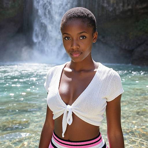 Photograph of a young Black woman with short hair, wearing a white knotted crop top and pink-striped bikini bottoms, standing in front of a waterfall