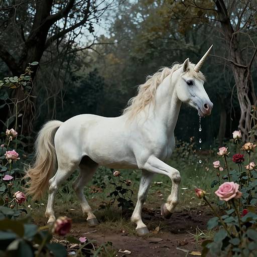 Photograph of a majestic white unicorn with a flowing mane, standing on a forest path surrounded by blooming pink and red roses, drooling slightly.