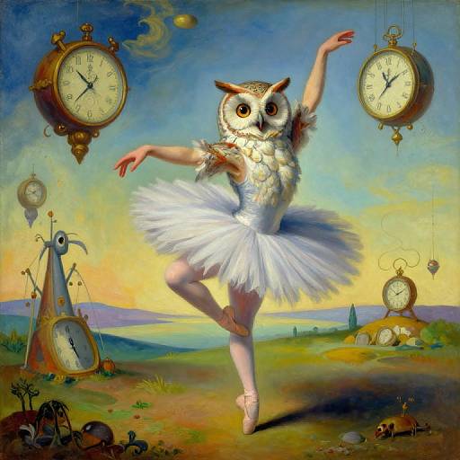 Digital surreal painting of a ballerina with an owl's head, wearing a white tutu, surrounded by floating clocks in a dreamy, colorful