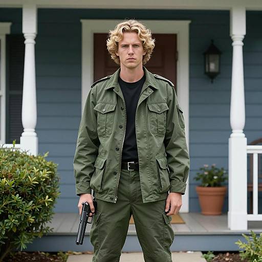 Intense Man with Handgun by House