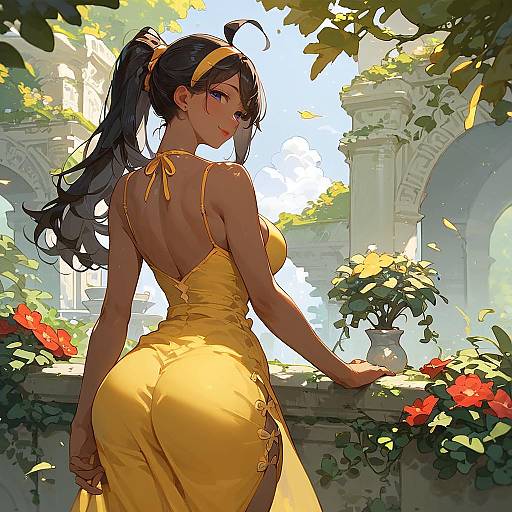 Woman in Yellow Sundress in Garden