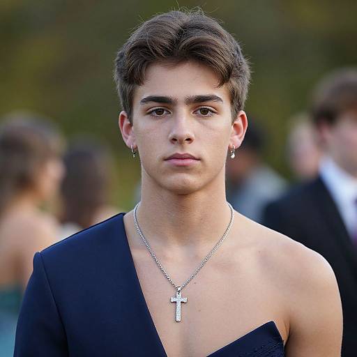 Photograph of a young man with short, dark hair, wearing a black, one-shoulder dress, silver cross necklace, and earrings, standing