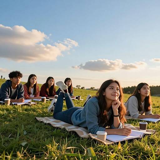 Photograph of five young Asian students lying on grass, studying under a bright blue sky with scattered clouds, holding coffee cups.