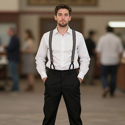 Photograph of a handsome, bearded man with short brown hair, wearing a white shirt, black pants, and suspenders, standing confidently in a