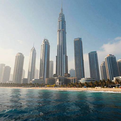 Photograph of a modern cityscape with tall, blue-glass skyscrapers, a central spire, and a sandy beach in the foreground,