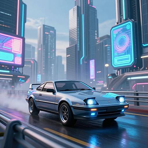 Neon-lit cyber city at night; a silver, high-performance sports car with bright blue headlights speeds on a wet, illuminated street, surrounded by