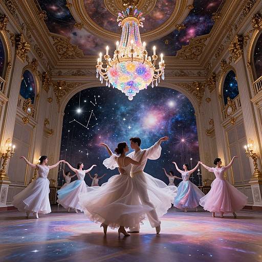 Elegant ballerinas in white tutus dance under a celestial chandelier in a grand, starry room with golden ornate details. Photoreal