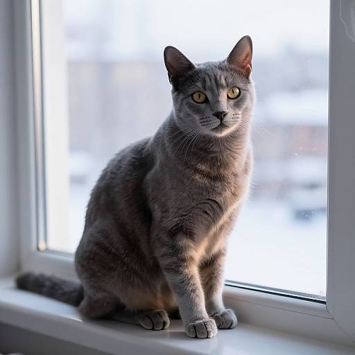 Photograph of a grey tabby cat with yellow eyes, sitting on a white windowsill, looking outside with soft daylight illuminating its fur.
