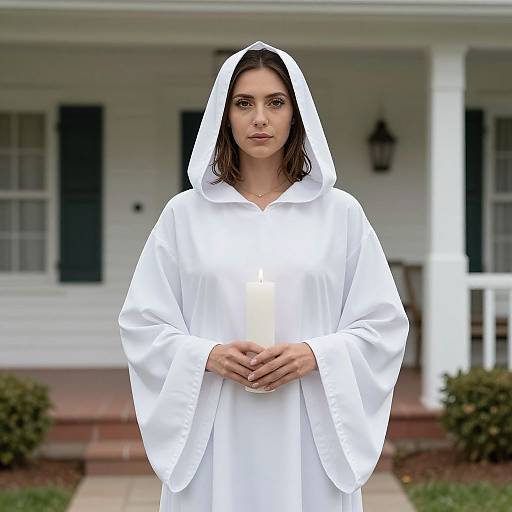 Photograph of a young woman with fair skin, dark brown hair, and blue eyes, wearing a white, hooded robe, standing in front of