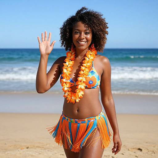 Photograph of a smiling Black woman with curly hair, wearing a blue patterned bikini, orange fringed skirt, and lei, waving on a sunny