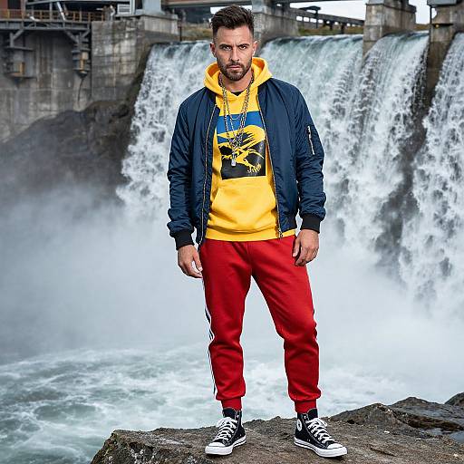 Photograph of a bearded man with short brown hair, wearing a yellow hoodie, blue jacket, red pants, and black sneakers, standing on a