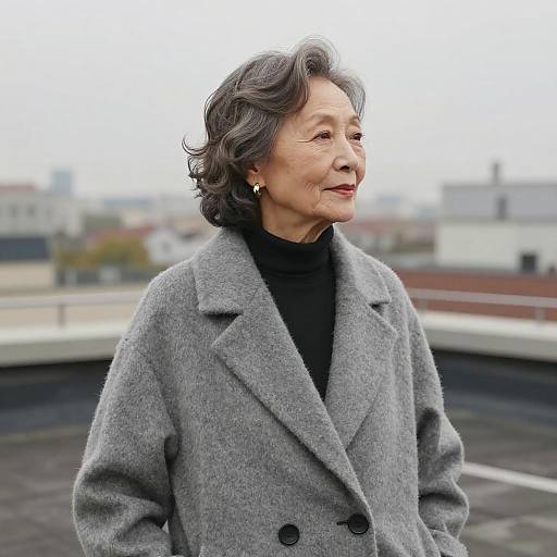Photograph of an elderly woman with short gray hair, wearing a gray wool coat, black turtleneck, gold earrings, and red lipstick, standing