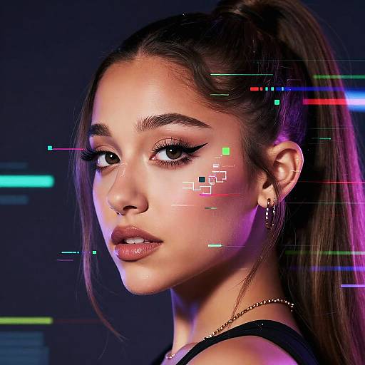 Digital portrait of a young woman with dark hair in a ponytail, glowing cybernetic lines on her face, wearing black, against a dark background