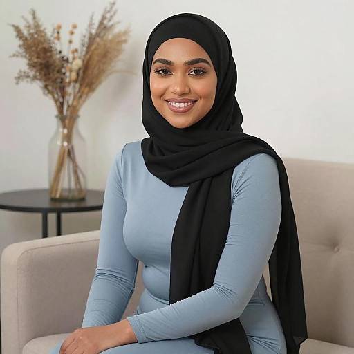 Smiling Woman in Black Hijab Sitting