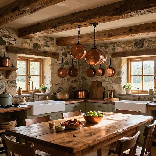Cozy, rustic kitchen with stone walls, wooden beams, copper pots hanging, large wooden table, fruit bowl, sunlight streaming through windows.