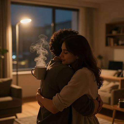 Photograph of a couple embracing in a dimly lit, modern living room at night, with the woman holding a steaming mug.