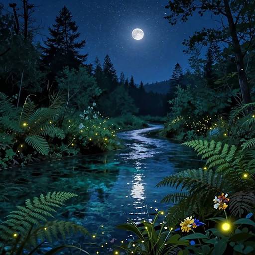 Mystical Sylvan Riverbank at Night