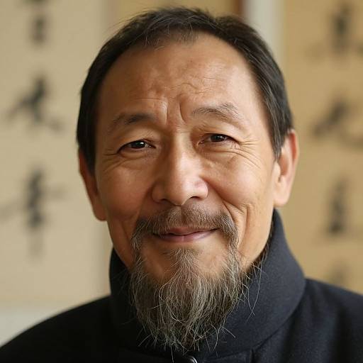 Photograph of middle-aged Asian man with short black hair, gray beard, and mustache, smiling softly, wearing black high-collared shirt,