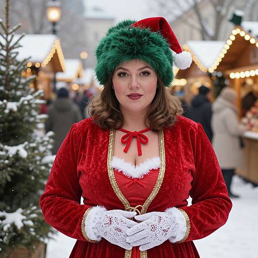 Photograph of a curvy woman with fair skin, brown wavy hair, wearing a green fur Santa hat, red velvet Christmas dress with white lace