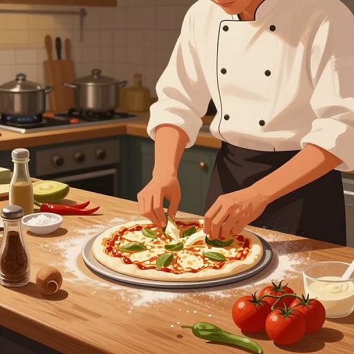Digital illustration of a chef's hands topping a pizza with mozzarella and basil in a modern kitchen, with ingredients on the wooden counter.