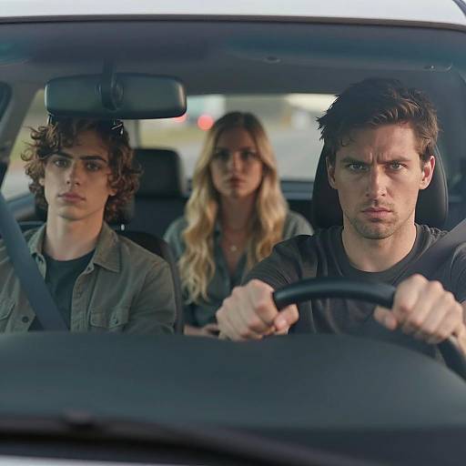 Three serious passengers in car interior
