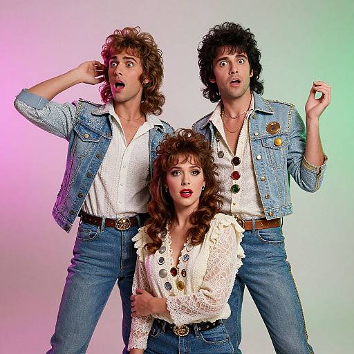 Photograph of three 1970s-style pop stars with curly hair, denim jackets, white shirts, and high-waisted jeans, striking surprised