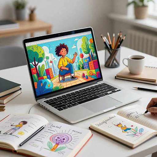 Photograph of a bright, colorful illustration on a laptop screen, open on a white desk with notebooks, pencils, and a coffee cup.