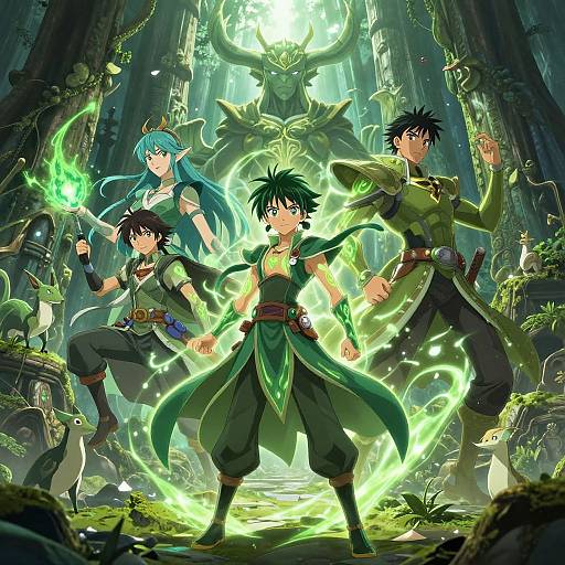 Anime-style digital illustration of four warriors with glowing green energy, standing in a mystical, plant-covered temple with a looming, ethereal creature in the background